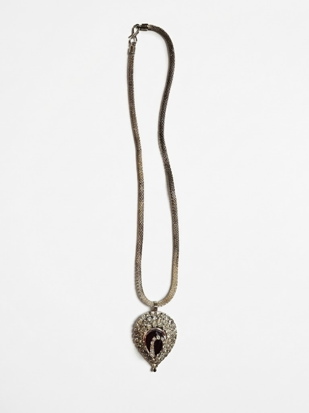 Vintage Silver Mesh Chain Ruby Red Rhinestone Teardrop Pendant Necklace